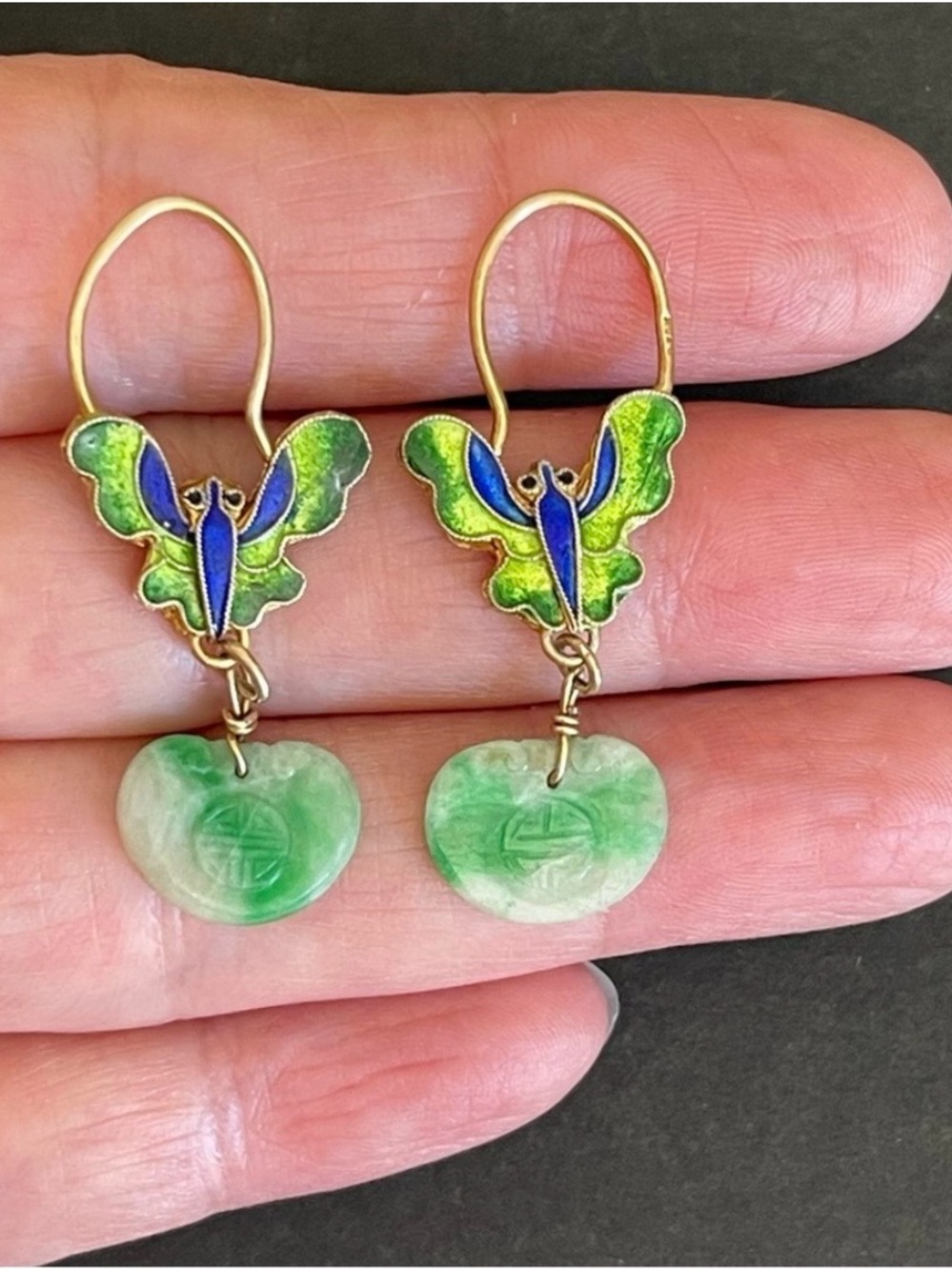 Vintage Chinese export gold over silver natural jadeite jade Earrings.